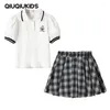 Conjuntos de roupas Meninas Coreanas 2 Peças Conjunto Estilo Preppy Polo Tee e Saia Xadrez Adolescente Manga Curta Camisa