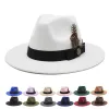 White Woolen Gentleman Classic British Jazz Feather Top Hat Wide Brim Party Church Wedding Fedora Hats Män kvinnor Panama Felt Cap