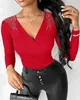 Mulheres camisetas Moda Mulheres Blusa Top Manga Longa Bodycon Ruched Sobreposição V-Pescoço Outono Skinny Casual Tee Tops Blusas de Strass