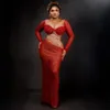 African Nigeria Plus Size Prom Dresses Red Sheer Neck långa ärmar sjöjungfru paljetterad spets aftonklänningar för svarta kvinnor födelsedagsfestklänning engagemang klänning am339