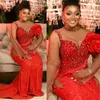 African Nigeria Plus Size Prom Dresses for Special Occasions Red Long Sleeves Mermaid Beaded Lace Formal Dress Evening Dresses for African Black Girls Outfit AM337