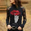 Heren T-shirts Mode Schedel Hot Drill Print Dames T-shirt Herfst Effen Kant Sexy Vrouwen T-shirt Y2k Gothic Tee Lange Mouw Kantoorkleding Tops T240105