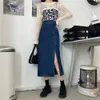 2021年春のファッション新しい韓国スタイルレトロデザインセンスハイウエストミッドミッドレングススプリットデニムスカートAラインスカート