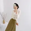 Women's Blouses French Sweet White Chiffon Shirts For Women Unique V-Neck Straight See Through Long Sleeve Blouse Female Tops 2024
