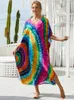 Damen-Badebekleidung, 2024, Maxikleid, bunter Druck, Strand-Vertuschung, Winter, lockerer V-Ausschnitt, langer Sarong, Kaftan, Pareos, Robe Plage, Strandmode, Tuniken