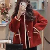 QWeek Red Winter Jacket Koreańska moda Tweed Tweed Jackets jagnięce wełniane płaszcze vintage harajuku z długim rękawem kobiet elegancka 240104