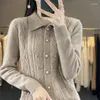 Suéteres femininos mulheres outono e inverno polo colar torcido flor 100 puro cashmere cardigan estilo clássico jaqueta de lã de malha