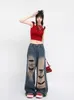 High Street American style distressed niche yellow mud jeans retro blue slimming y2k spicy girl pants wide leg 240104