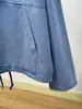 女性のパーカー女性ブルーデニムプルオーバーコートルースフィットレディース長袖ハーフジッパー刺繍装飾大きなポケット2024