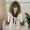 Vera pelliccia di volpe collo inverno donna piume d'anatra bianca giacca lunga cintura femminile spesso cappotto caldo capispalla sottile con cappuccio di lusso 240105