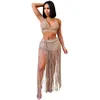 Work Dresses BKLD Sexy Hollow Out Crochet 2 Piece Sets Halter Lace-up Crop Top And Long Tassel Skirt Vacation Outfits Summer Beach Dress