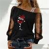 Blusas para mujer Camisas para mujer Sexy Lace Mangas largas Cuello inclinado Off Shoderwork Tee Tops Casual Imprimir Ropa de Navidad 220407 Dro Dhzax