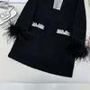 2024 Black V Collar Long Sleeves Women's Dress Luxurious Sequins Ostrich Feathers Pockets Tweed Dresses Womens 10512