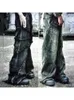 Y2k Fashion American Tassel Black And Gray Washed Jeans Men Street Gothic Punk Style Teenagers Retro Loose Wideleg Pants 240104