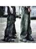 Y2K Fashion American Tassel Czarne i szaro myte jeansy Men Street Gothic Punk Style Teenagers Retro Loose Wideleg Pants 240104