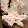 Japanese Kimono Autumn Winter Womens Pyjamas Set Cotton långa ärmar Homesuits Casual V-Neck Lapel Sleepwear Size S-2XL 240104