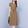 Party Dresses 2024 Summer Short Sleeve Solid Belted Dress Elegant Women's Plus Size Upscale Fashion Mid-length With Pockets A-line Skirt