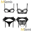 BHs Sets Msemis Frauen Wet Look Patent Leder Dessous Spitze Dessous Set Offene Cups BH Top mit Strumpfgürtel Crotchless Briefs Drop Dhty6