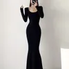 Casual Dresses Squared Neck Solid Dress Elegant Bodycon Long Sleeve Mermaid Hem Women's Clothing