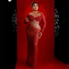 African Nigeria Plus Size Prom Dresses Red Sheer Neck Long Sleeves Mermaid Sequined Lace Evening Dresses for Black Women Birthday Party Dress Engagement Gown AM339
