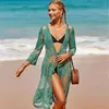 Mulheres Swimwear Lace Kimono Casual Sólido Longo Sino Manga Sheer Solto Collarless Verão Senhoras Cardigan Praia Maiô Moda Mulheres Capa