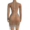Stage Wear Shining Pearl Rhinestones Transparent Fringes Mini Dress White Fringe Birthday Celebrate Evening Prom Outfit For Women