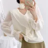 Women's Blouses French Sweet White Chiffon Shirts For Women Unique V-Neck Straight See Through Long Sleeve Blouse Female Tops 2024