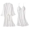 Mulheres sleepwear pijamas terno primavera verão mulheres sexy preto cetim casamento robe conjunto quimono vestido renda nightwear solto homewear