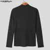 T-shirt da uomo INCERUN Top 2024 Moda uomo collo alto diagonale coulisse T-shirt Casual maschile Solid Mesh a maniche lunghe Camiseta S-5XL