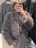 TRAF femmes fausse fourrure mode manteaux gris ample Vintage Oneck recadrée vestes 2023 hiver femme élégant fête pull à capuche manteau 240104