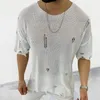 Męska pusta seksowna dołka T-shirt dzianina swobodny luźne z krótkim rękawem O-Neck Top Knitte T-shirt męskie ubranie uliczne 240105