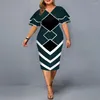 Plus Size Dresses Dress Elegant Geometric Print Evening Party 2024 Autumn Women Flare Short Sleeve Yellow Casual 3XL 4XL 5XL