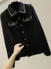 Projektant mody Tweed Patchwork Szyfonowa Koszula Bluzka Kobiety w stylu Vintage długim rękawem Złota Łańcuch Perły Splotowe Tassels Kieszonki 240105