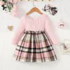 Girl Dresses Toddler Baby Girls Wool Plaid Ribbed Dress Princess Long Sleeve Knitted Bow Headband Children A-linen Outfits Clothing