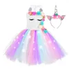 Waistcoats Girl Unicorn Dresses For Girls Tutu Princess Party Dresses With LED Lights Flower Födelsedagsfest Cosplay Costume Girls Clothing
