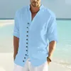 Printemps et automne plage hommes décontracté coton chemise en lin col montant solide à manches longues haut ample belle chemise de mode US S-3XL 240104