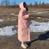 Damen Trenchcoats Herbst und Winter rosa Baumwollmantel Design Textur Daunen lang knielang mit Kapuze süßer Stil