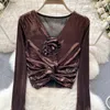 Frauen Blusen Vintage Lange Flare Hülse V-ausschnitt Bluse Süße Bling Hemd Frau Crop Top Luxus Koreanische Mode Blusas drop
