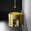 Grifos de lavabo de baño Lavabo de pedestal de acero inoxidable dorado Lavado integrado montado en la pared con lavabo de estante