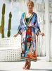 Maillots de bain pour femmes Cover-Ups Imprimer Coloré Plage Kimono Tunique Pour Kaftan Bikini Cover Up Beachwear 2024 Ceinture Robe Robe Plage Pareos