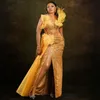 2024 ASO EBI PROM Dresses Gold Sheer Neck Mermaid High Split Bead aftonklänningar Elegant för speciella tillfällen Födelsedagsfestklänning Afrikansk svart kvinnors outfit ST752