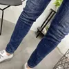 Autumn Winter Sticker Dark Blue Slim Fit Croped Jeans Men's Small Feet No Iron Spirit Guy Stretch Pencil Denim Designer Pants 240104