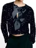 Giacca con paillettes con fiocco Donna Moda Vintage Corta Lady Autunno Manica lunga con lacci Cardigan Cappotti High Street Capispalla sottile 240105