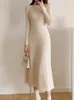 Autumn Winter Slim Long Sleeve Party Midi Dress for Women Knitted Half High Collar Elegant Knitted Sweater Dresses Ladies 240104