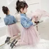 Girl Dresses Girls Lace Bows Tie Floral Embroidery Lapel Falbala Sleeve Denim Shirt Tulle 2pcs Sets 2024 Kids Princess Outfits
