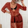 Mulheres Swimwear Lace Kimono Casual Sólido Longo Sino Manga Sheer Solto Collarless Verão Senhoras Cardigan Praia Maiô Moda Mulheres Capa