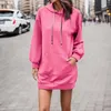 Casual Dresses Woman Sweatshirt Dress Solid Color Hoodies Lång ärm Löst fickor Trackstring Hooded Autumn Winter Pullover