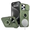 Étui de téléphone magnétique avec support d'anneau d'armure pour iPhone 15 Pro Max 14 13 12 11, protection d'objectif de caméra coulissante pour MagSafe, housse de chargement sans fil, coque rigide antichoc