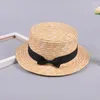 Berets Cute Child Girls Straw Hat Bowknot Sun Kids Large Brim Beach Summer Boater Ribbon Round Flat Top Fedora 54cm