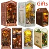 New DIY Book Nook Miniature Shelf Insertion Doll House Model Building Kit Wooden Bookshelf Bookend Home Decoration New Year Gift 240105